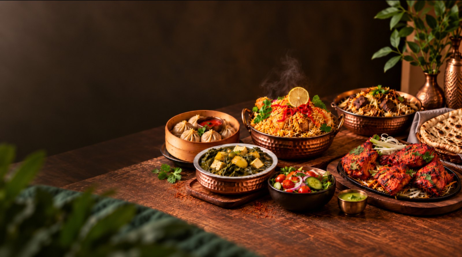A spread of BanCan Kitchen dishes — momos, biryani, palak paneer, tandoori chicken, naan and salad